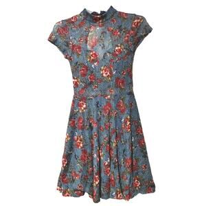 Sequin Hearts Fit & Flare Dress Cap Sleeve Navy Red Rose Floral Womens Size 1